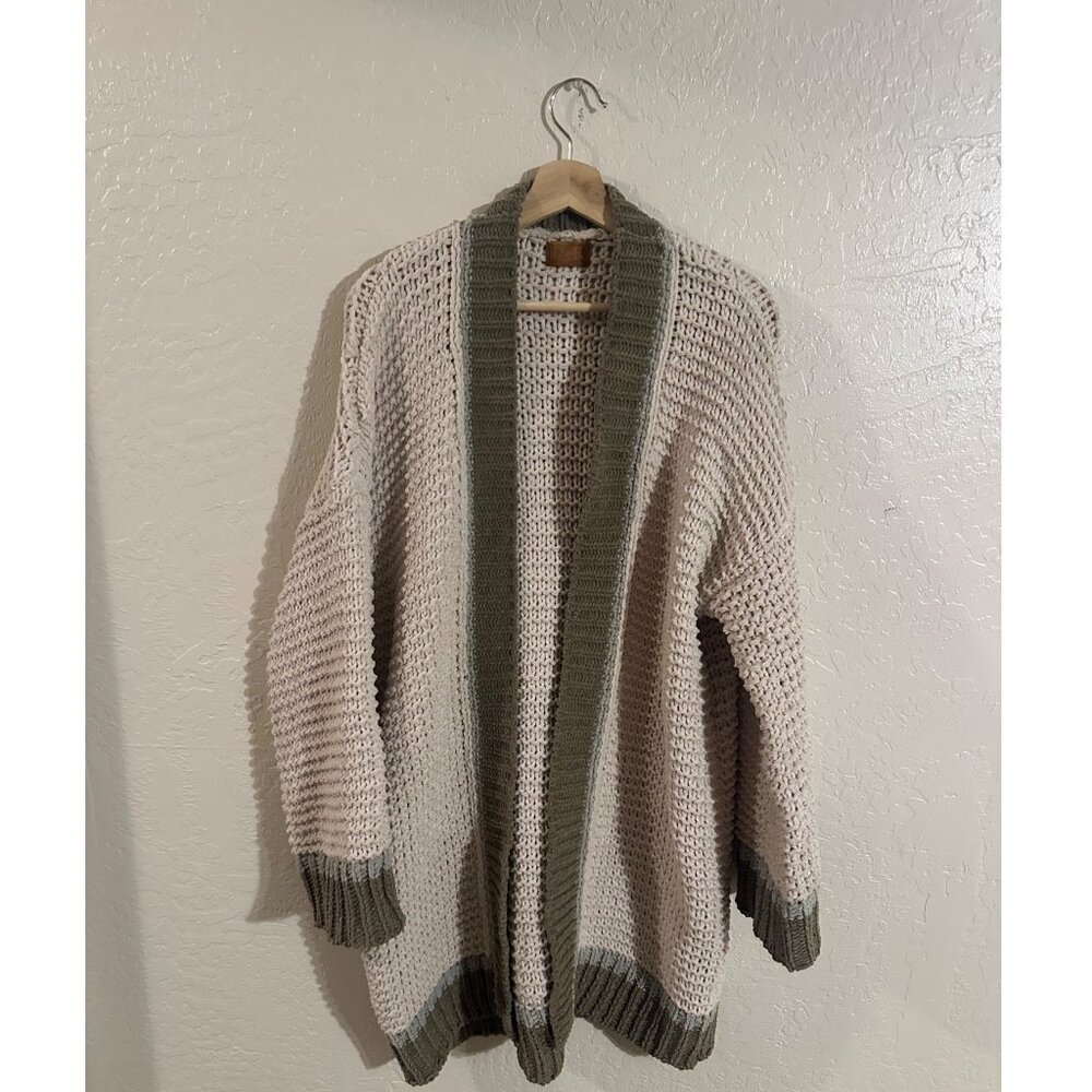 POL Cream & Olive Chunky Knit Fisherman Long Sleeved Open Cardigan